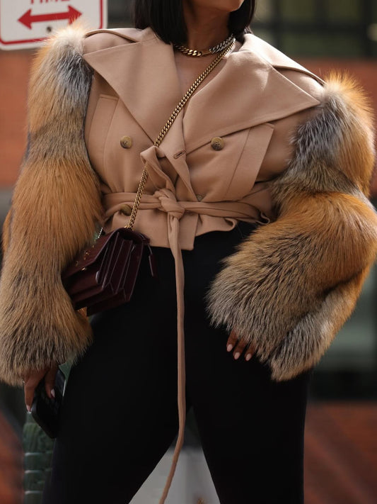 Faux Fur Patchwork Belted Crop Coat（Free shipping）