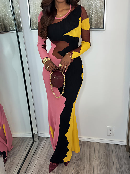 Mesh Patchwork Color Block Long Sleeve Maxi Dress