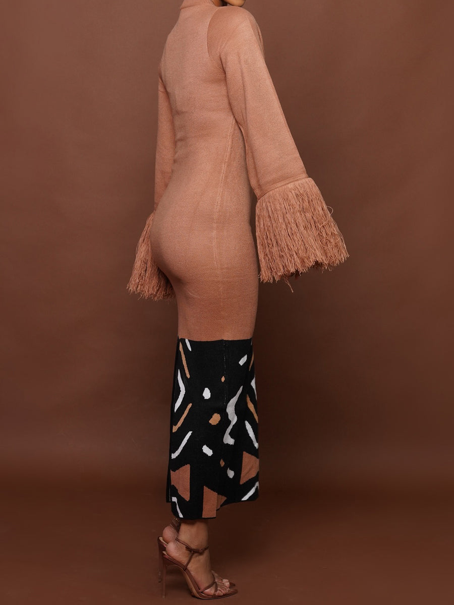 Printed Patchwork Fringed Knit Maxi Dress