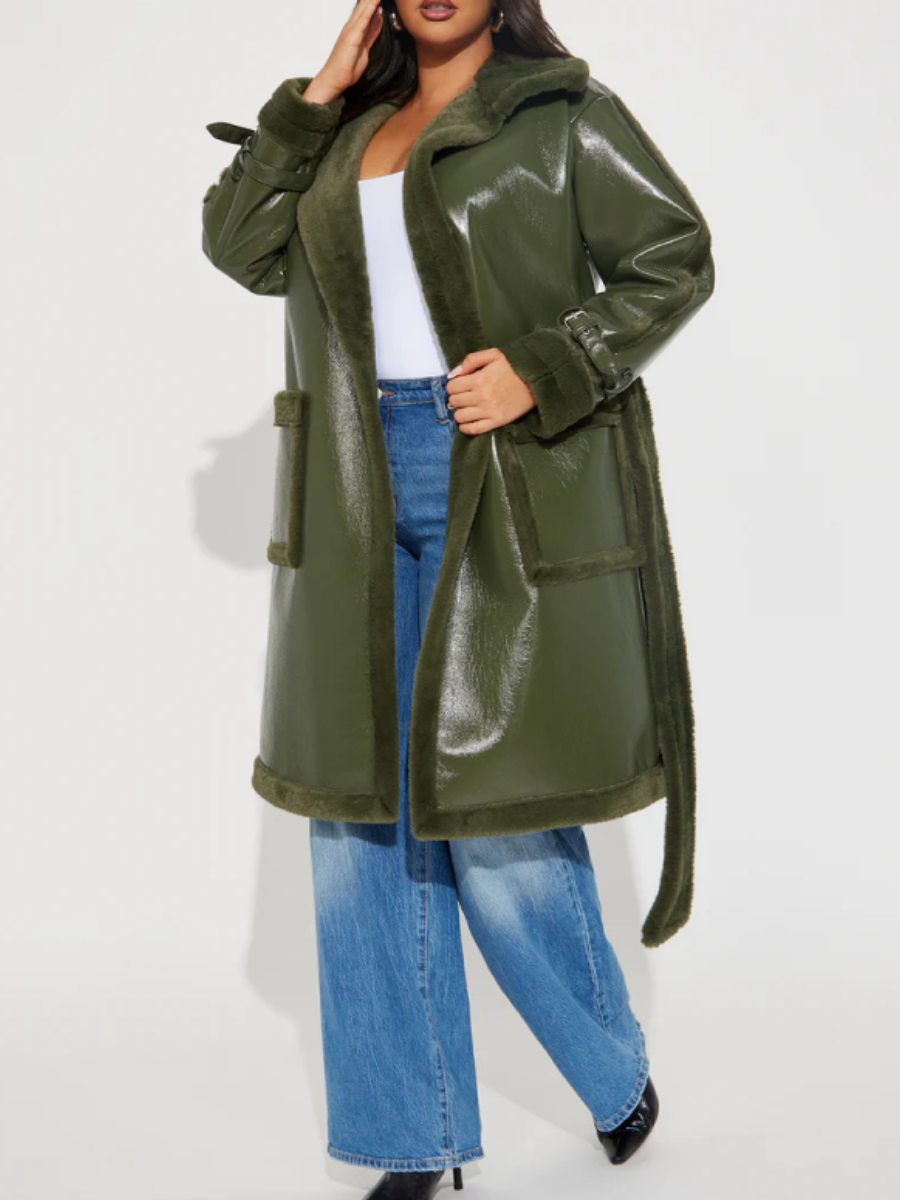 Faux Patent Leather Plush-Trim Coat（Free shipping）