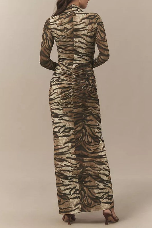 Tiger Striped Turtleneck Pleated Knit Maxi Dress
