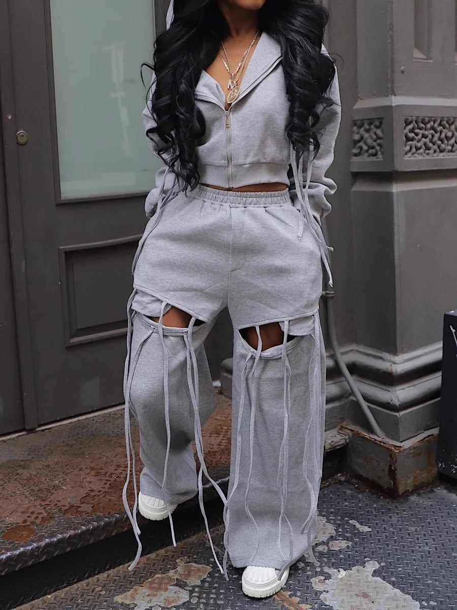 Hooded Elasticized Waist Tassels Two Pieces Set