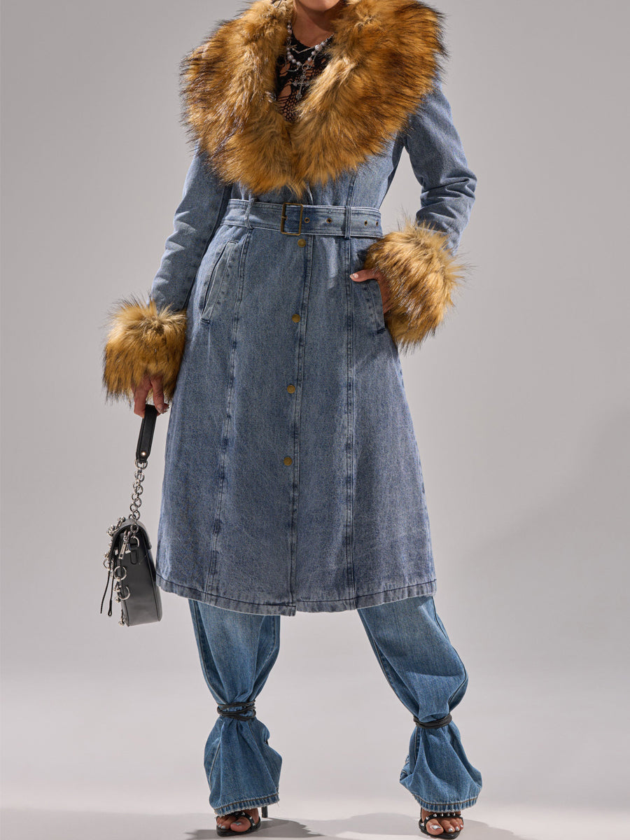 Wide Faux Fur Collar Denim Trench（Free shipping）