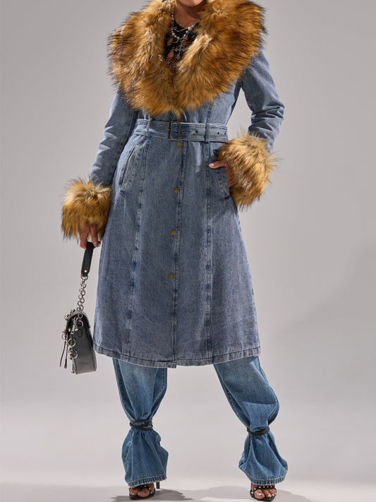 Wide Faux Fur Collar Denim Trench（Free shipping）