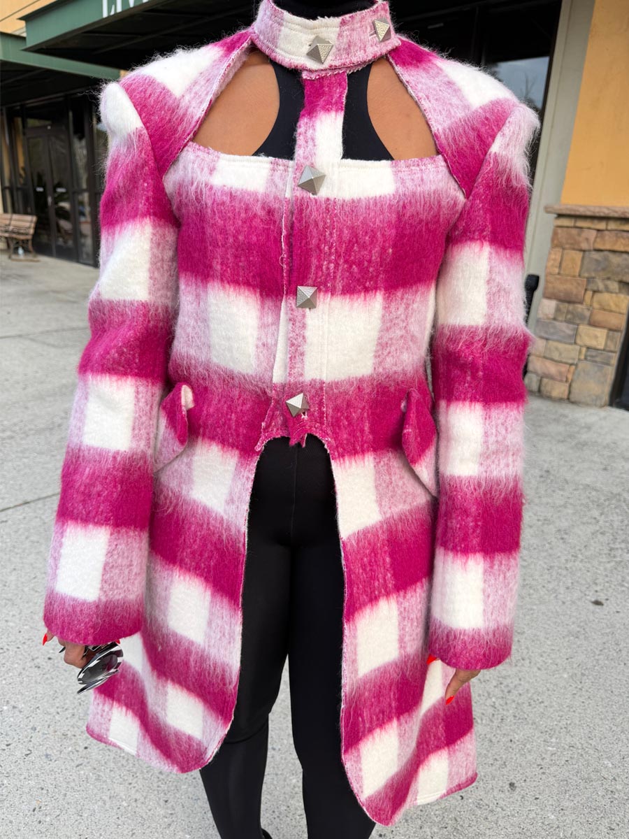 Plaid Print High Neck Cut Out Coat