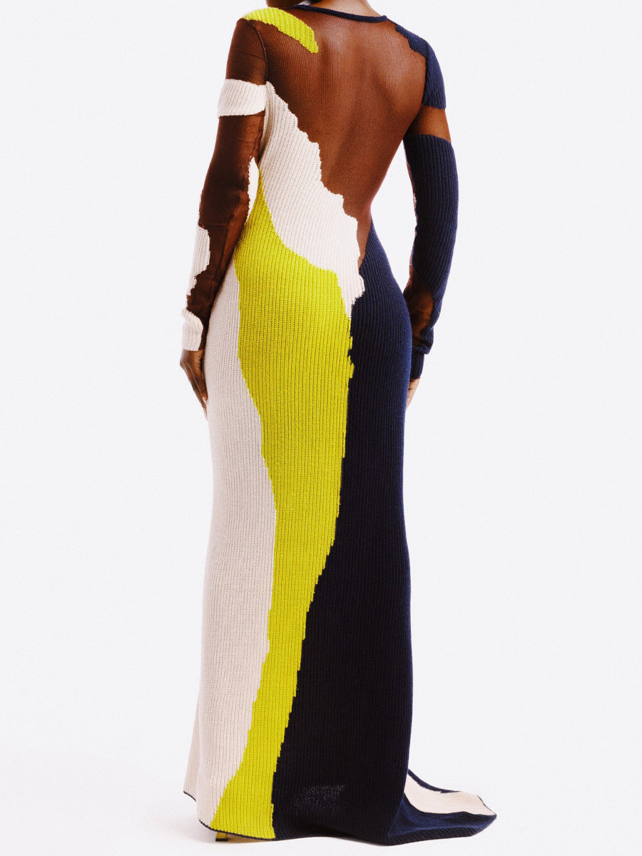 Mesh Patchwork Color Block Long Sleeve Maxi Dress