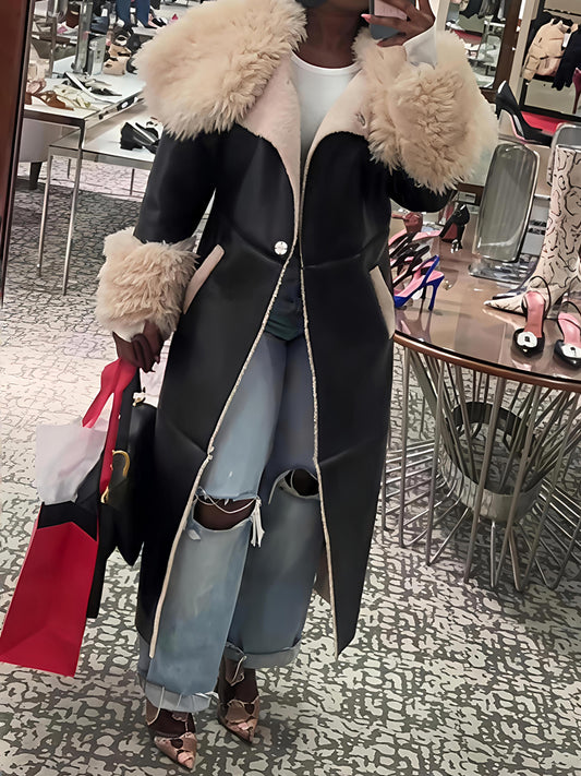 Faux Leather Faux Sherpa Trim Trench Coat（Free shipping）