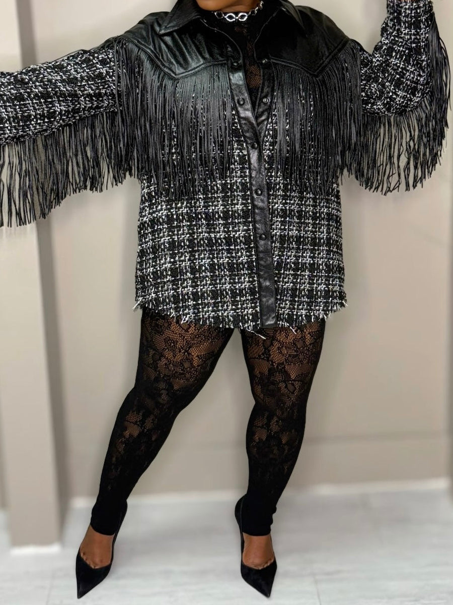 Faux Leather Trim Tweed Shacket（Free shipping）