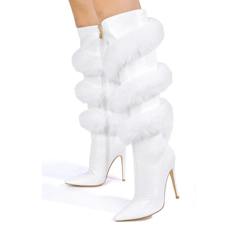 Pointed-toe Stiletto Heels With Rabbit Fur Zippers Over-the-knee Boots