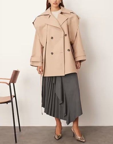 Double-breasted Short Trench Coat With Cape Details（Free shipping）