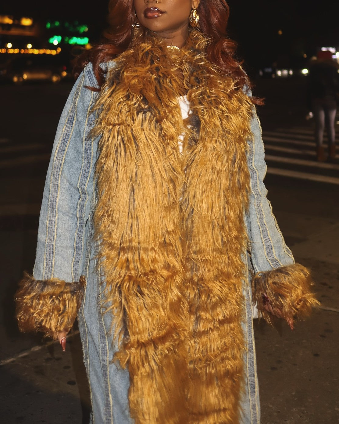 Long Denim Jacket With Fur Trim