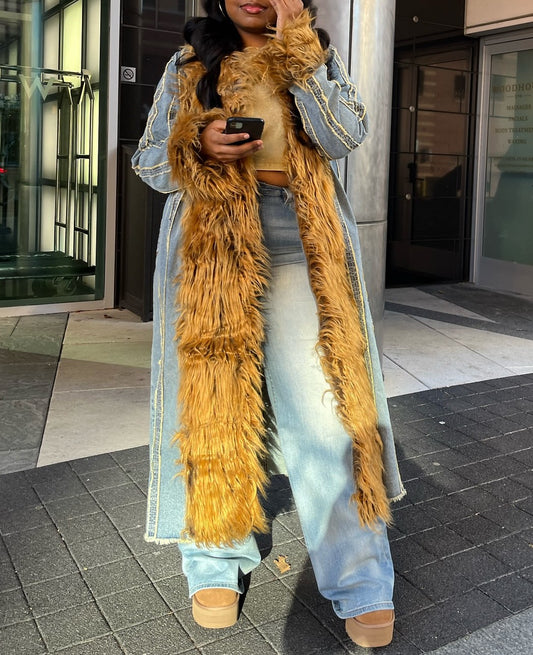 Long Denim Jacket With Fur Trim