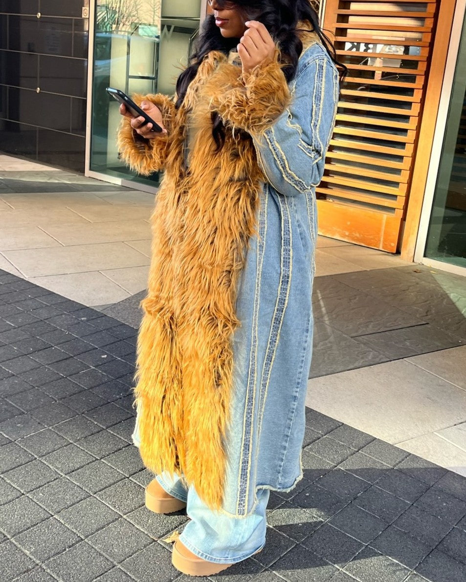 Long Denim Jacket With Fur Trim
