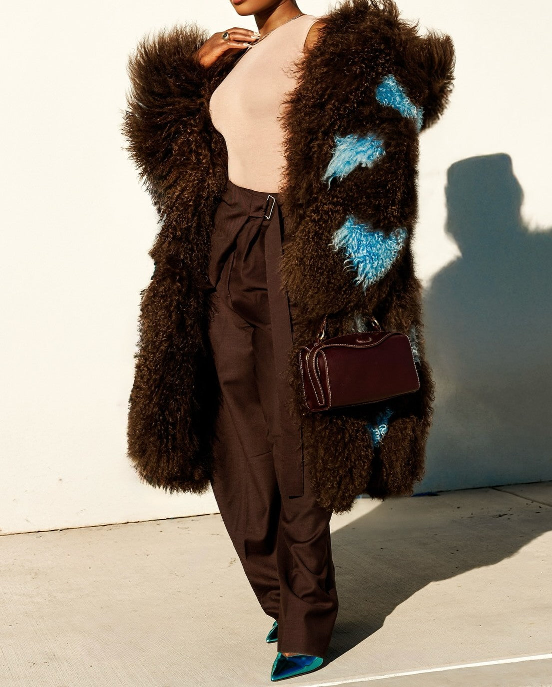 Brown And Blue Color-blocked Long Fur Coat