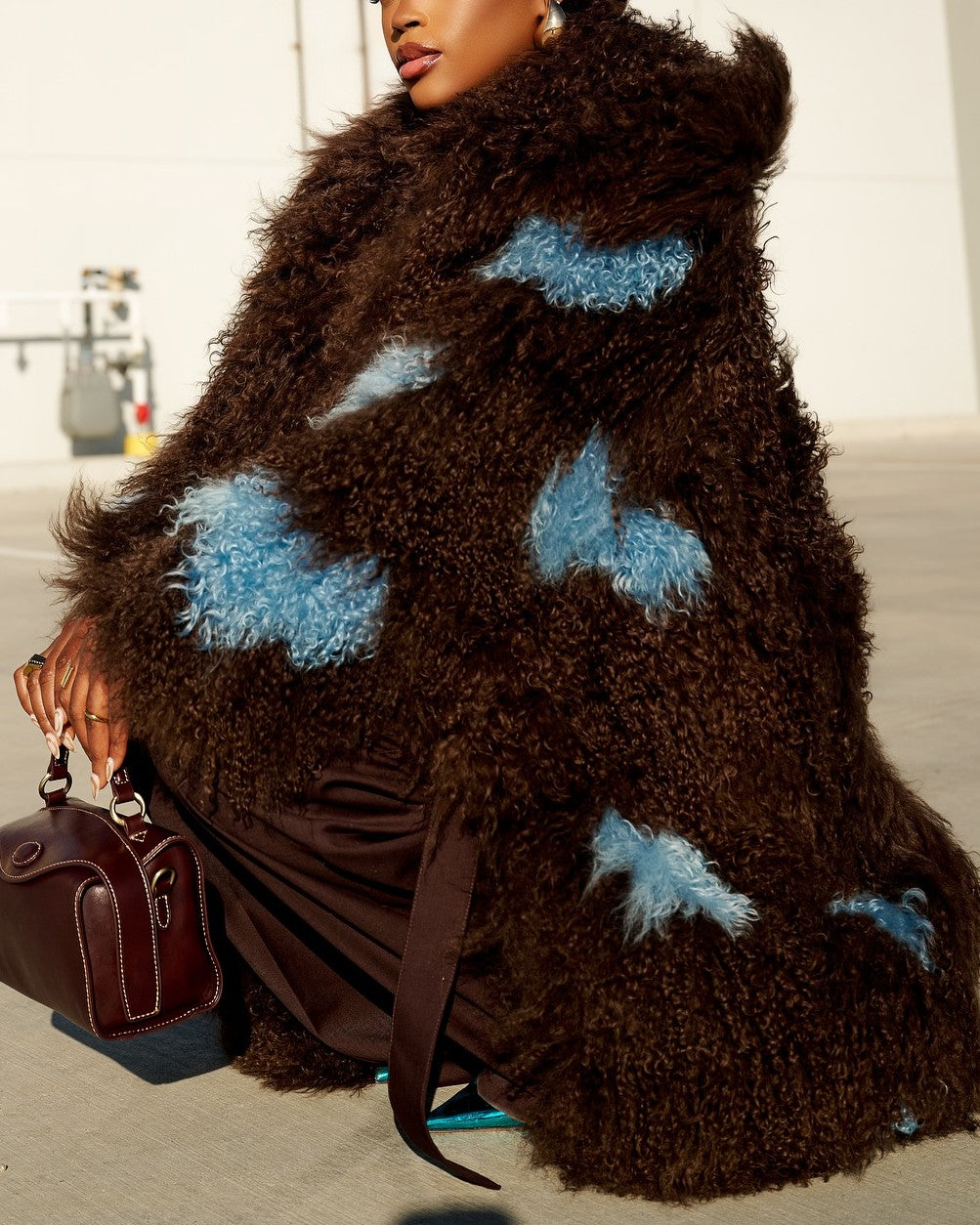 Brown And Blue Color-blocked Long Fur Coat