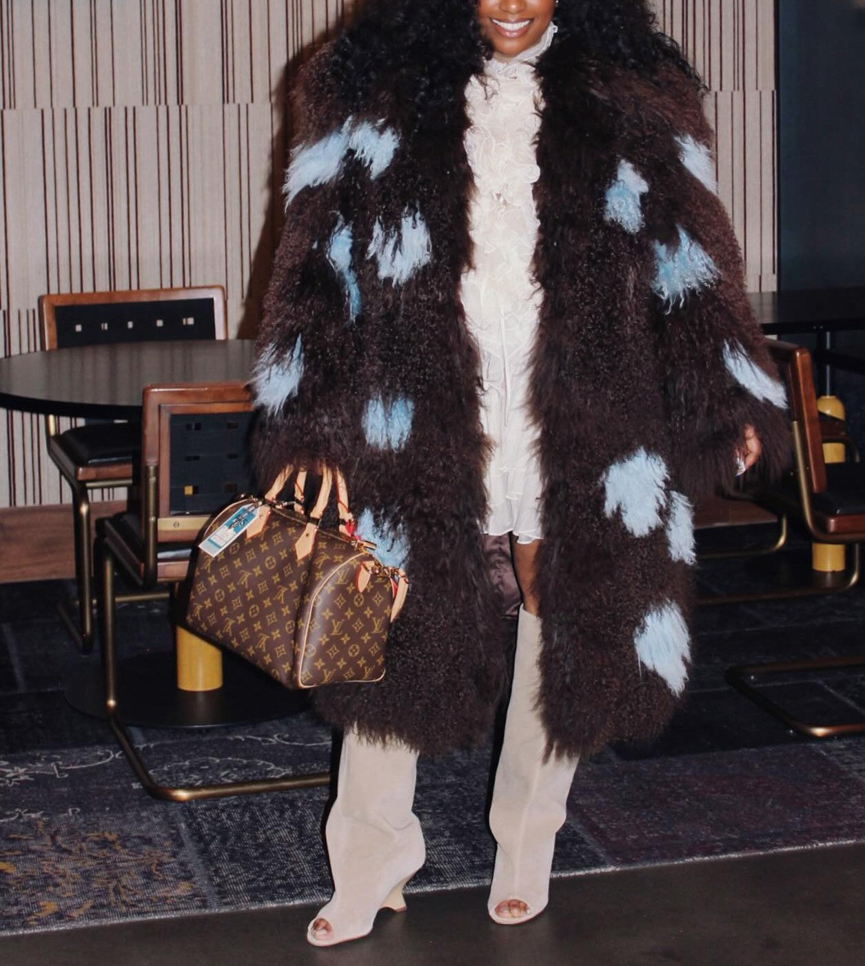 Brown And Blue Color-blocked Long Fur Coat