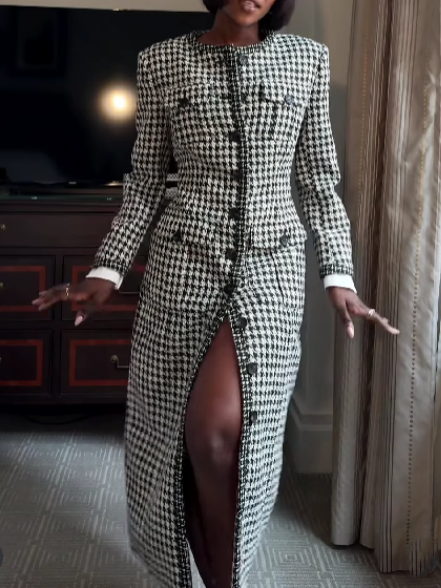 Tweed Button-Up Contrast Dress