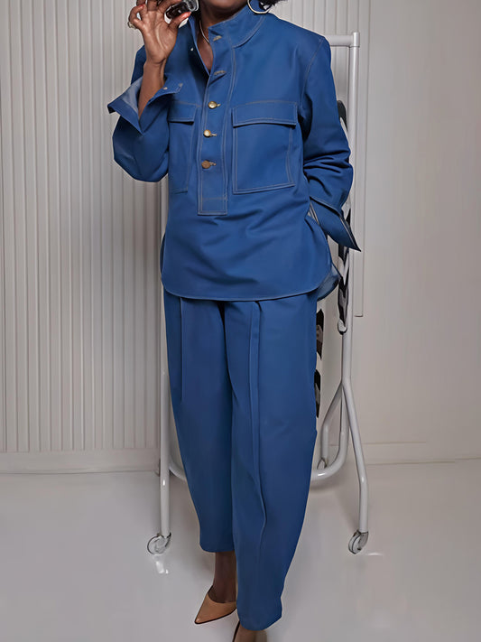 Denim Stand Collar Pockets Two Pieces Set