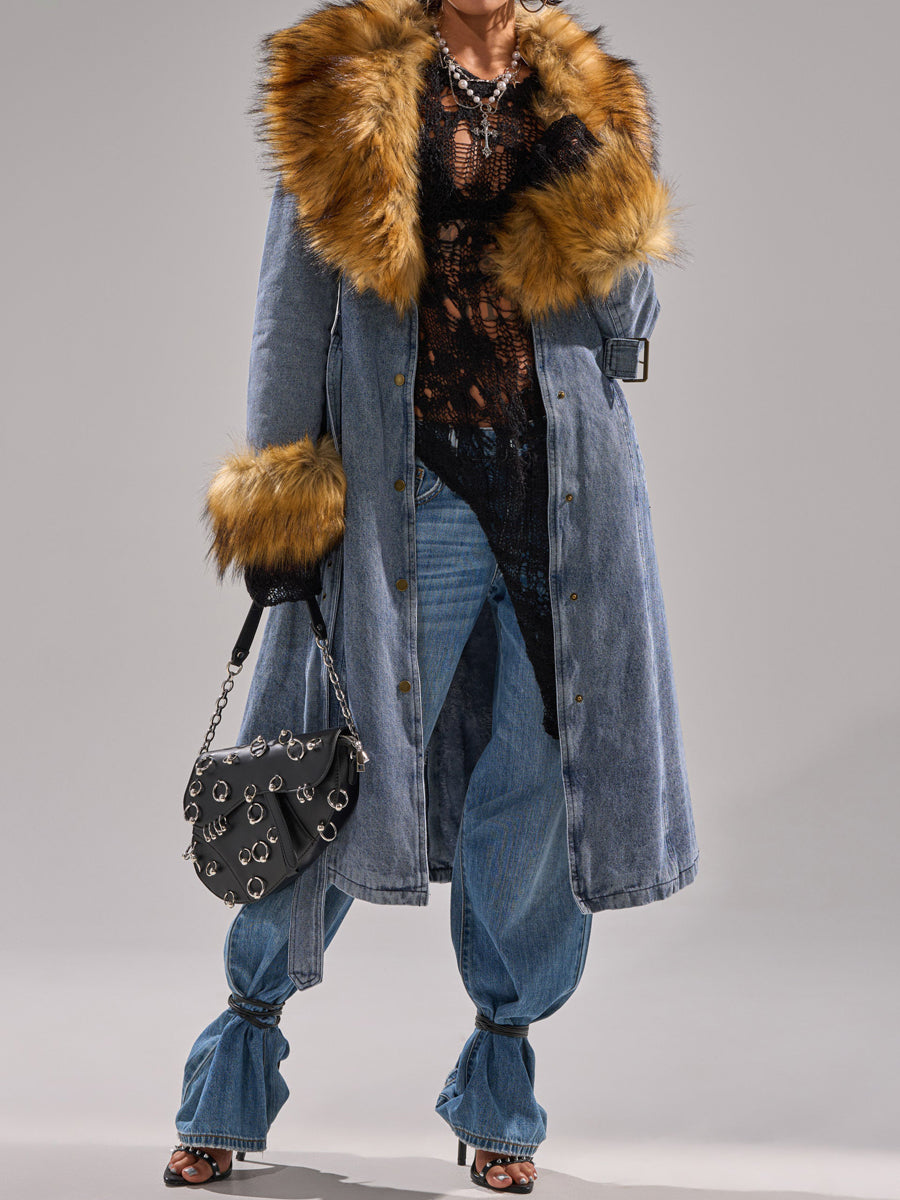 Wide Faux Fur Collar Denim Trench（Free shipping）