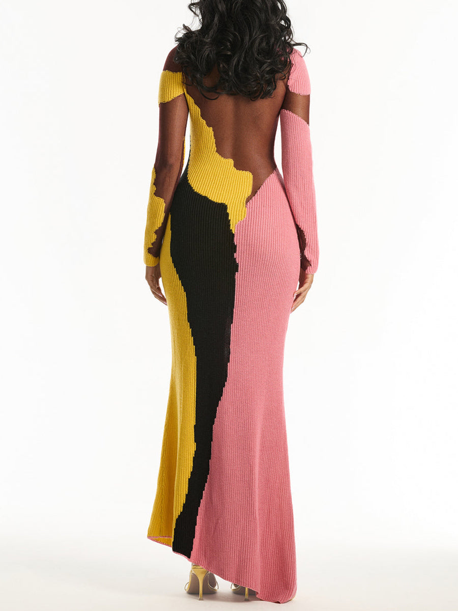 Mesh Patchwork Color Block Long Sleeve Maxi Dress
