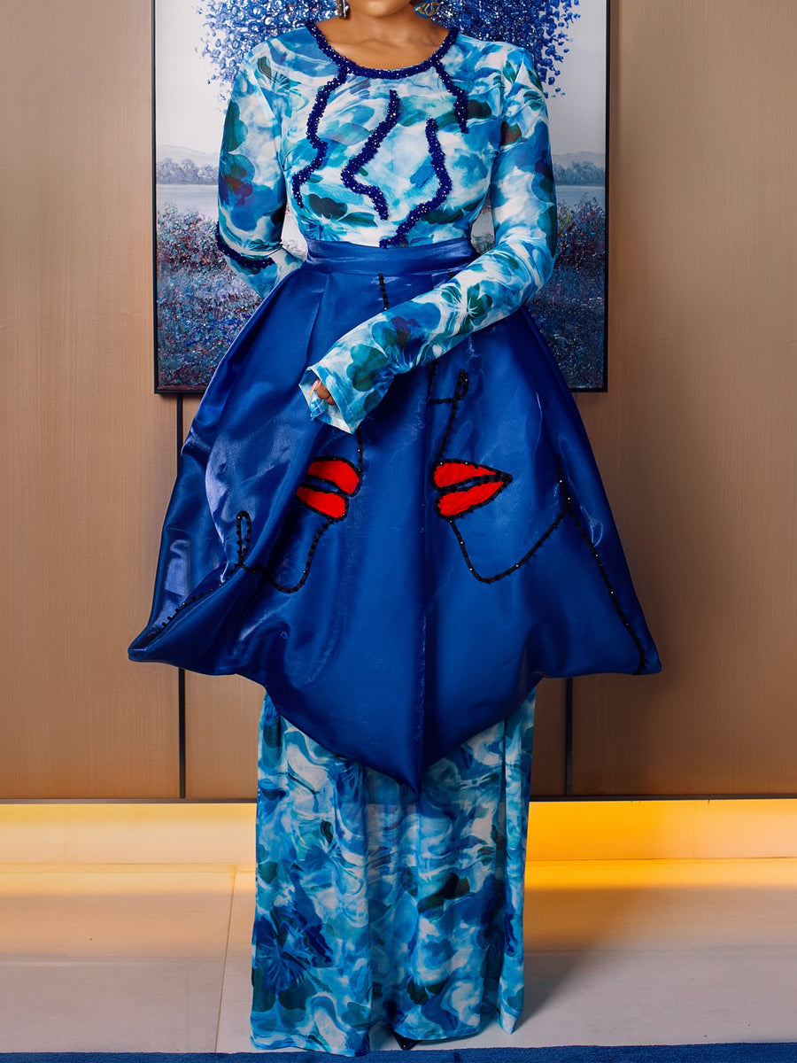 Fashion Printed Beads Two Pieces Dress