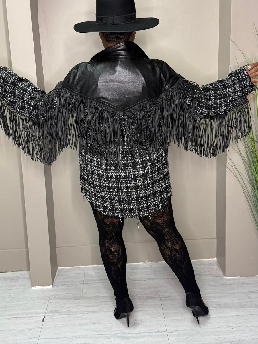 Faux Leather Trim Tweed Shacket（Free shipping）