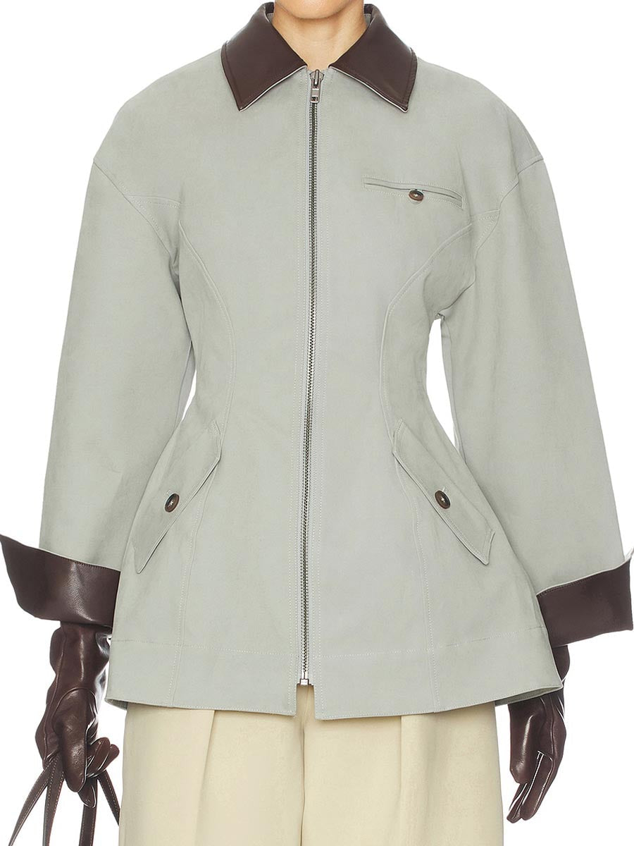 Faux Leather Collar Patchwork Zip Up Jacket