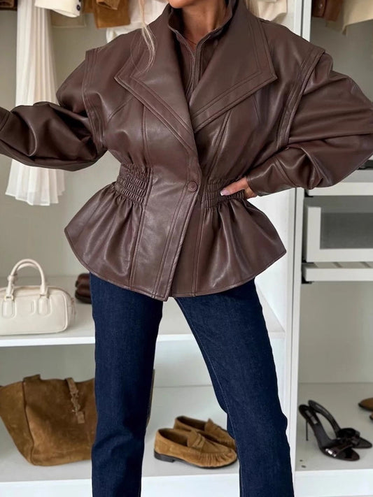 Wide Lapel PU Faux Leather Jacket