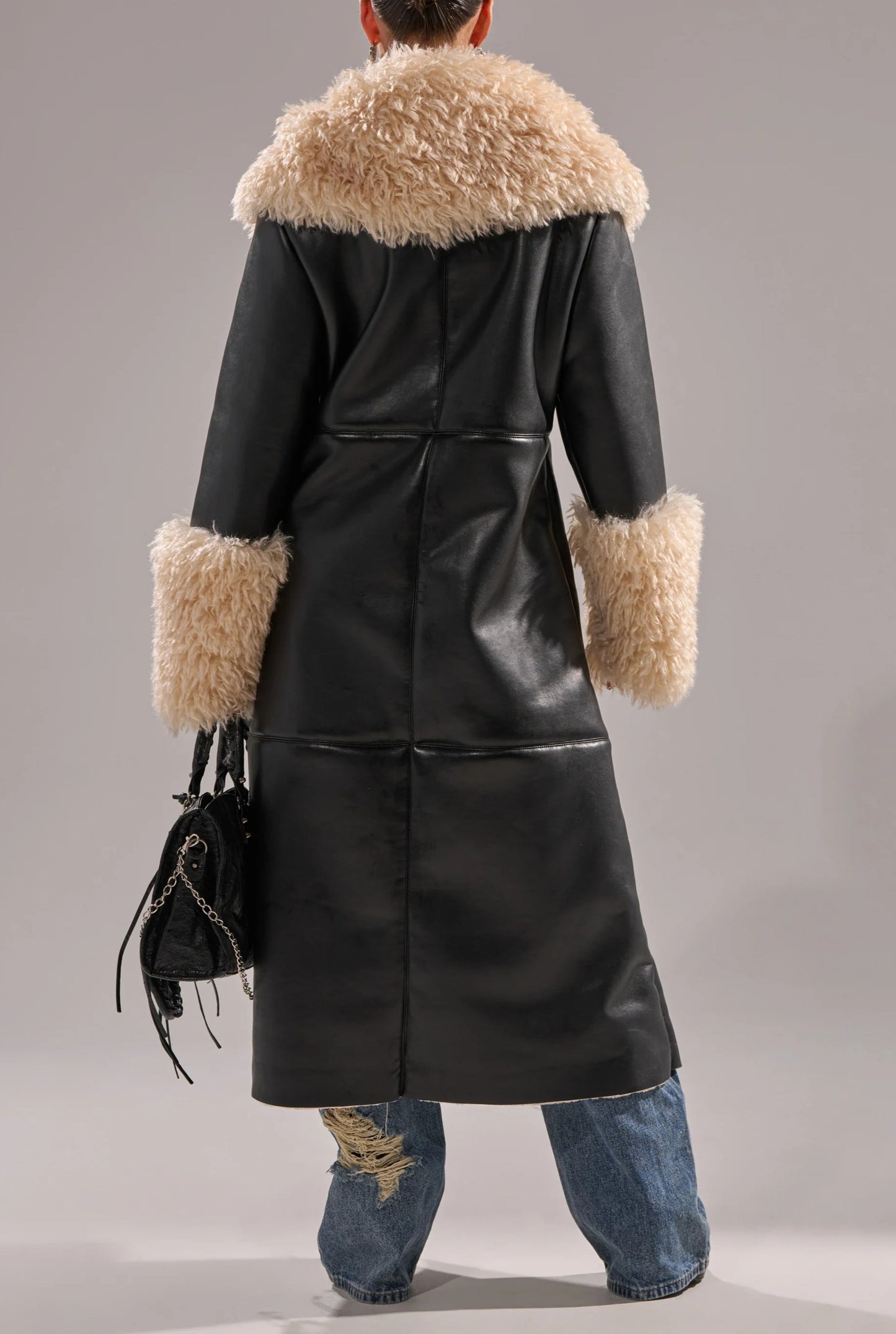 Fuzzy PU Trench Coat With Lambskin Trim