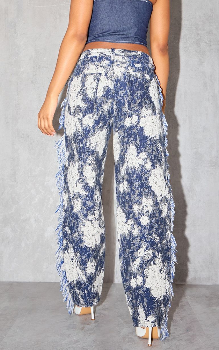 Blue Printed Jacquard Twill Tassel Side Trousers