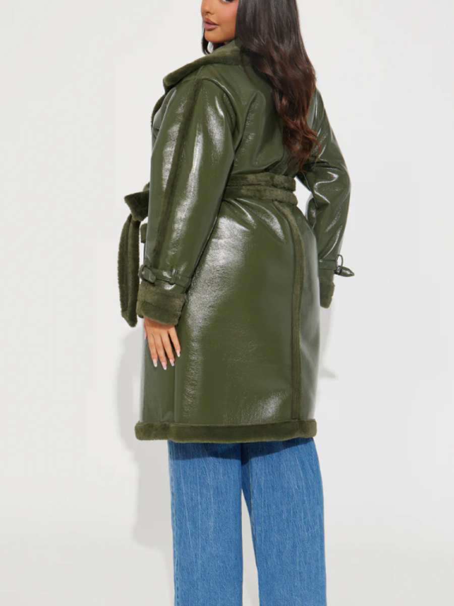 Faux Patent Leather Plush-Trim Coat（Free shipping）