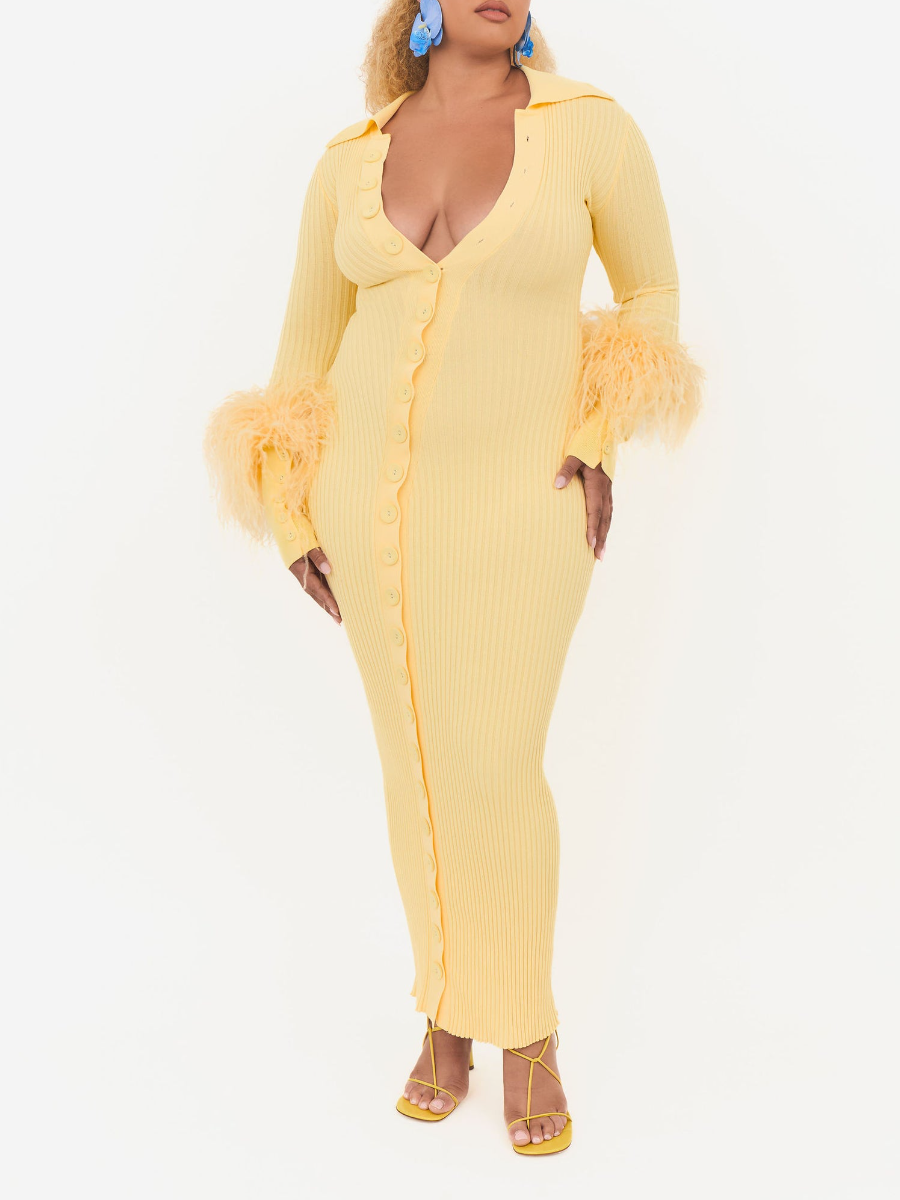 Feather-Embellished Cuff Knit Dress