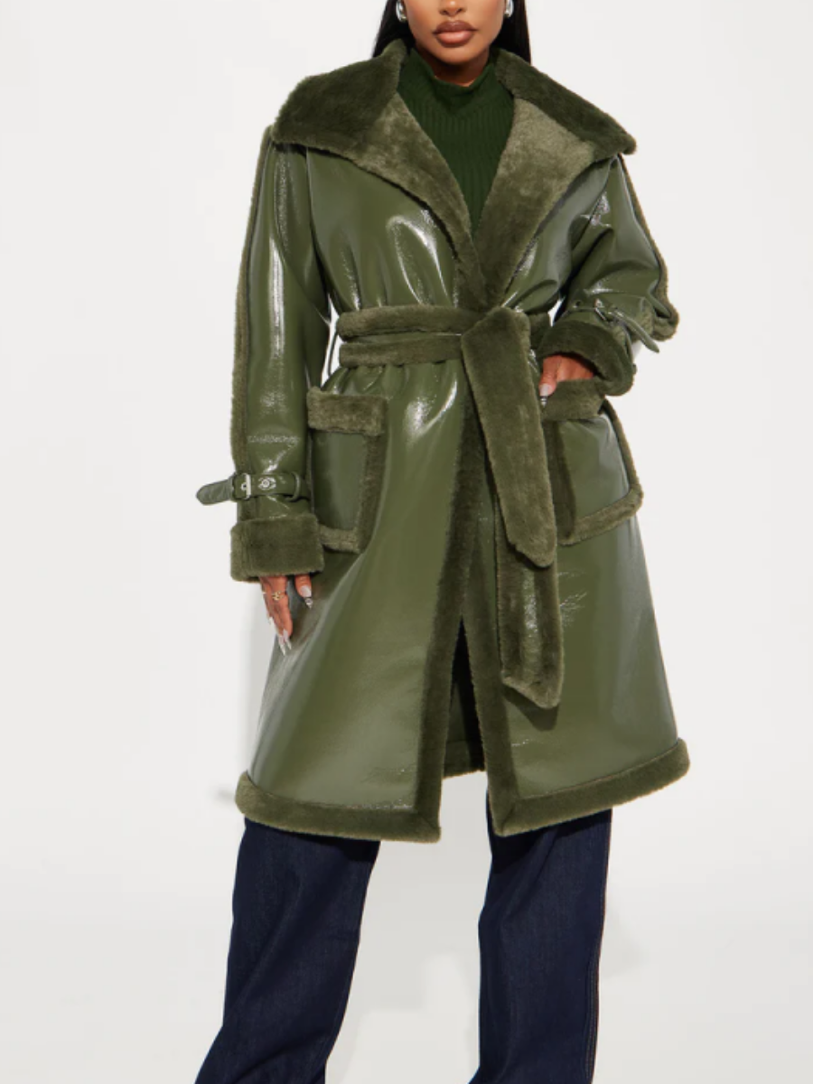 Faux Patent Leather Plush-Trim Coat（Free shipping）