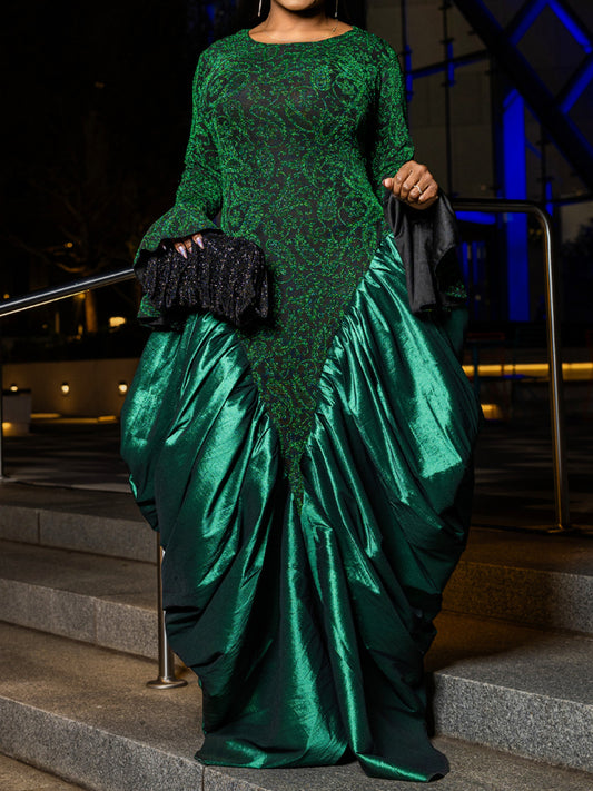 Elegant Printed Flare Sleeve Patchwork Maxi Dress