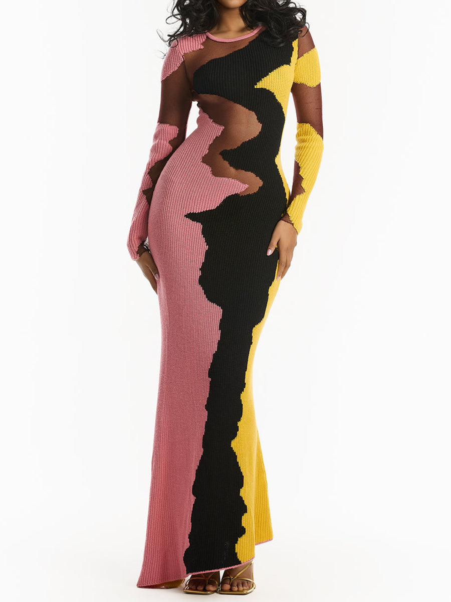 Mesh Patchwork Color Block Long Sleeve Maxi Dress