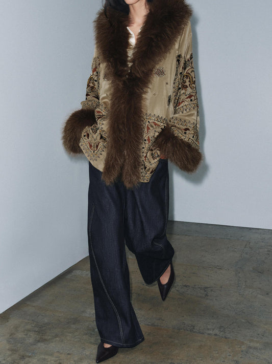 Faux Fur Beaded Embroidery Cardigan