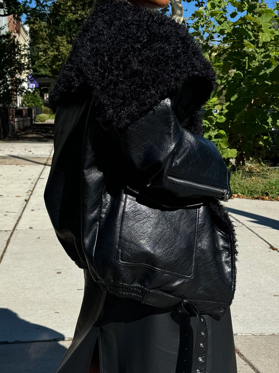 Faux Leather Shearling Fur Bomber Jacket