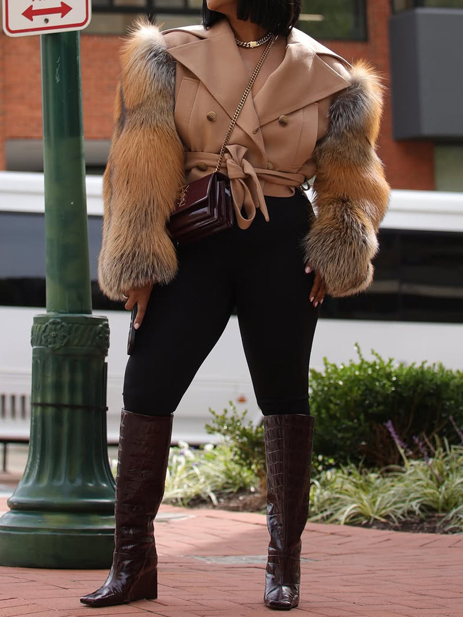 Faux Fur Patchwork Belted Crop Coat（Free shipping）