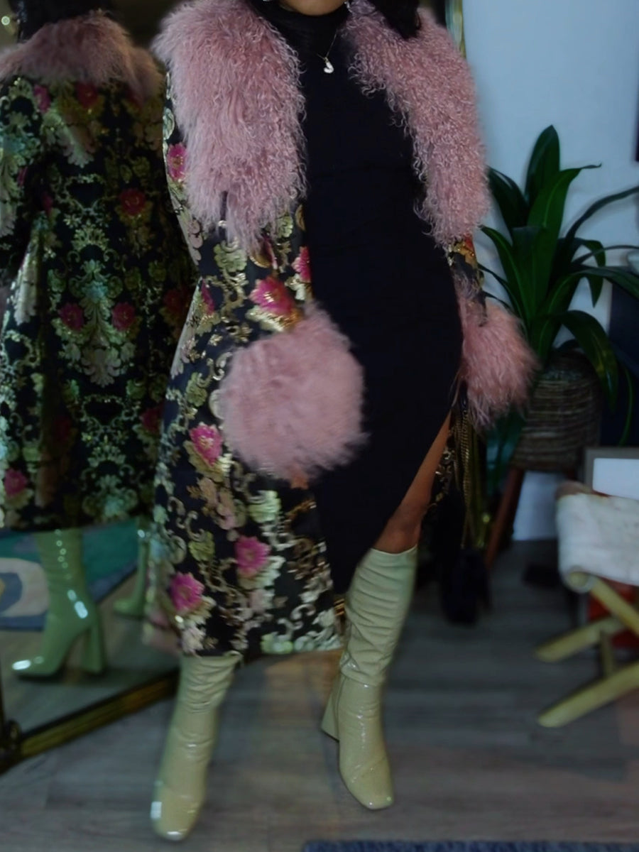 Detachable Faux Fur Patchwork Floral Print Coat（Free shipping）