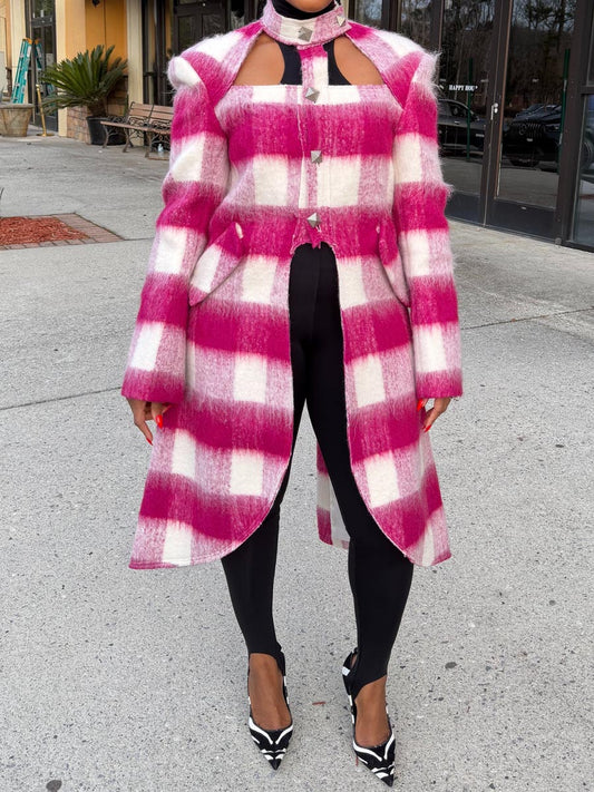 Plaid Print High Neck Cut Out Coat