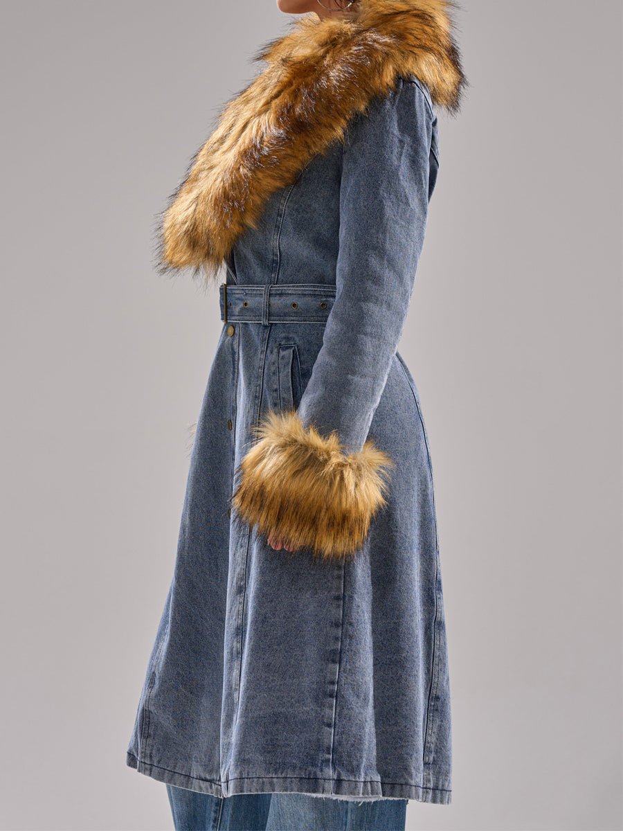 Wide Faux Fur Collar Denim Trench（Free shipping）