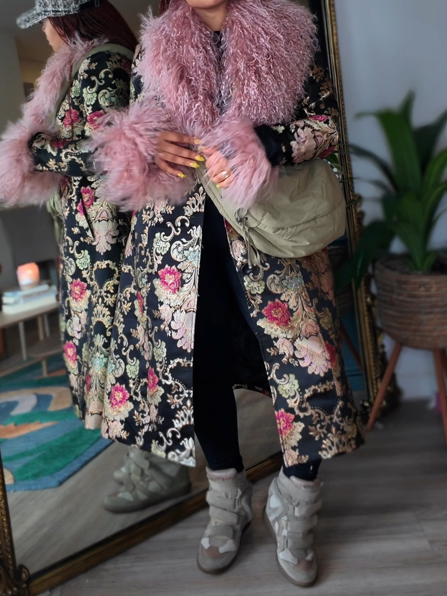 Detachable Faux Fur Patchwork Floral Print Coat（Free shipping）