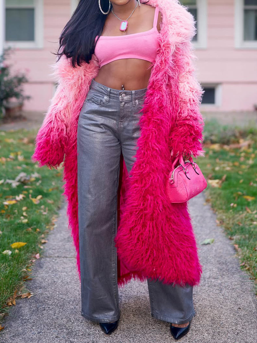 Faux Fur Notched Collar Ombre Design Coat（Free shipping）