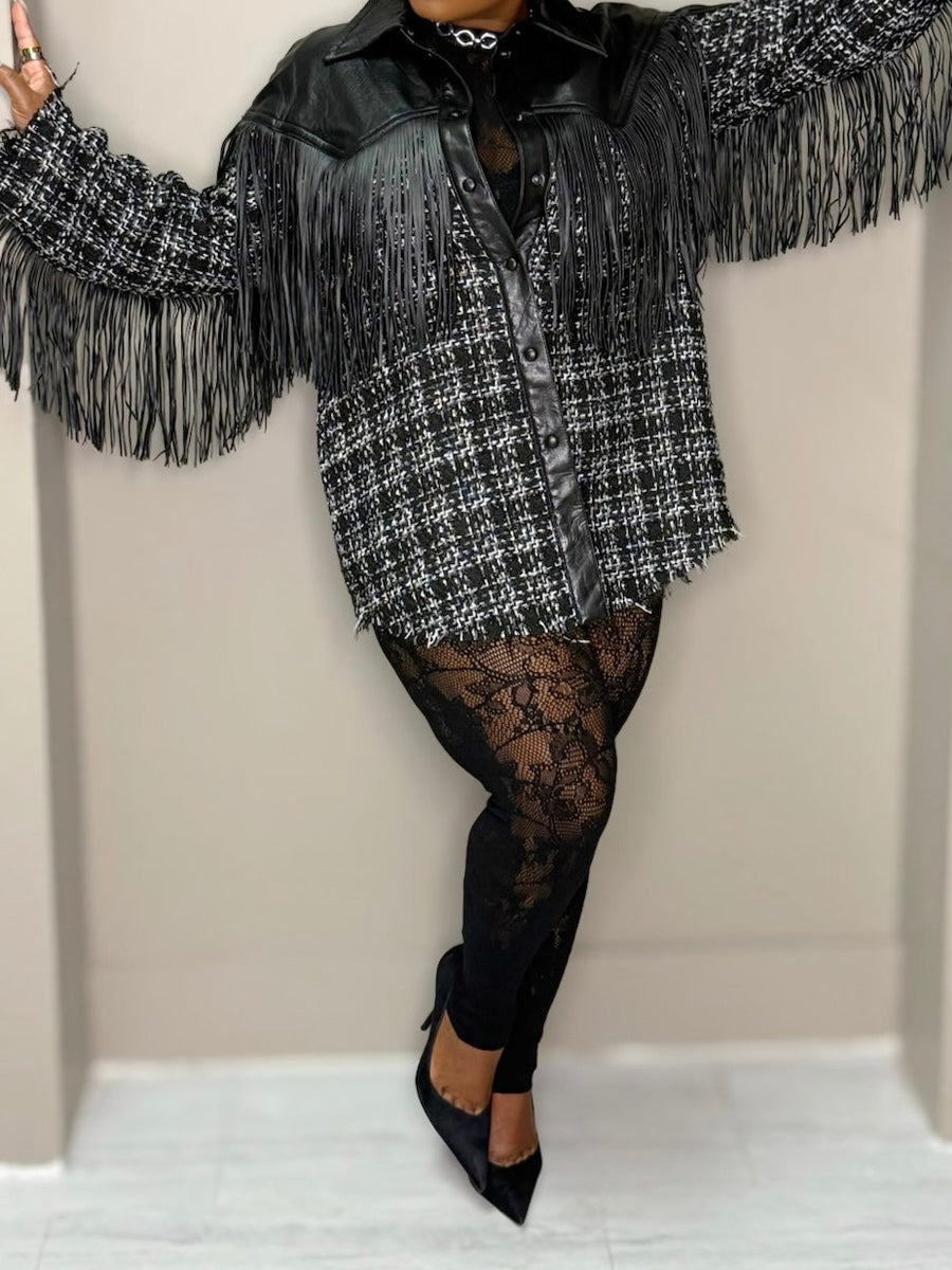 Faux Leather Trim Tweed Shacket（Free shipping）