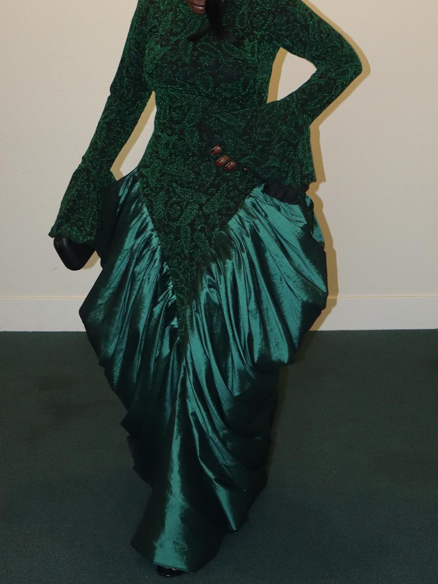 Elegant Printed Flare Sleeve Patchwork Maxi Dress