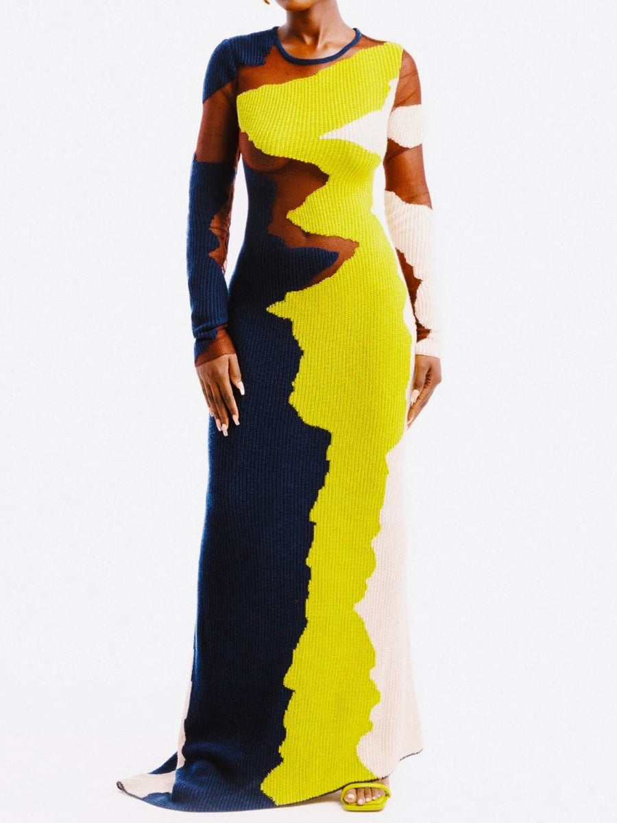 Mesh Patchwork Color Block Long Sleeve Maxi Dress