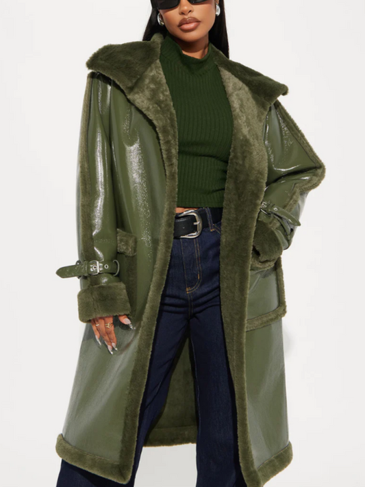 Faux Patent Leather Plush-Trim Coat（Free shipping）