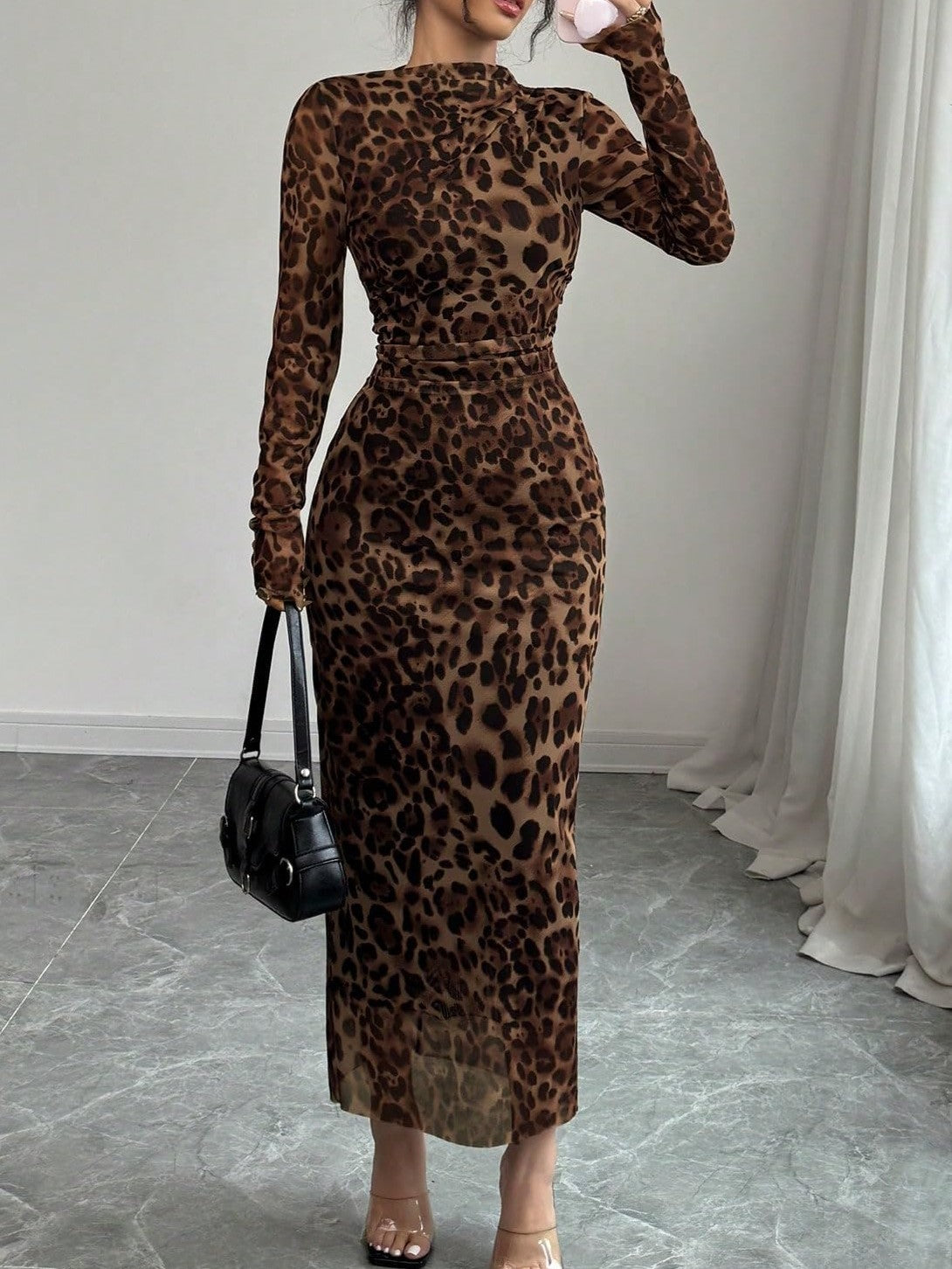 Leopard Print Dress With Long Sleeves And Pleats