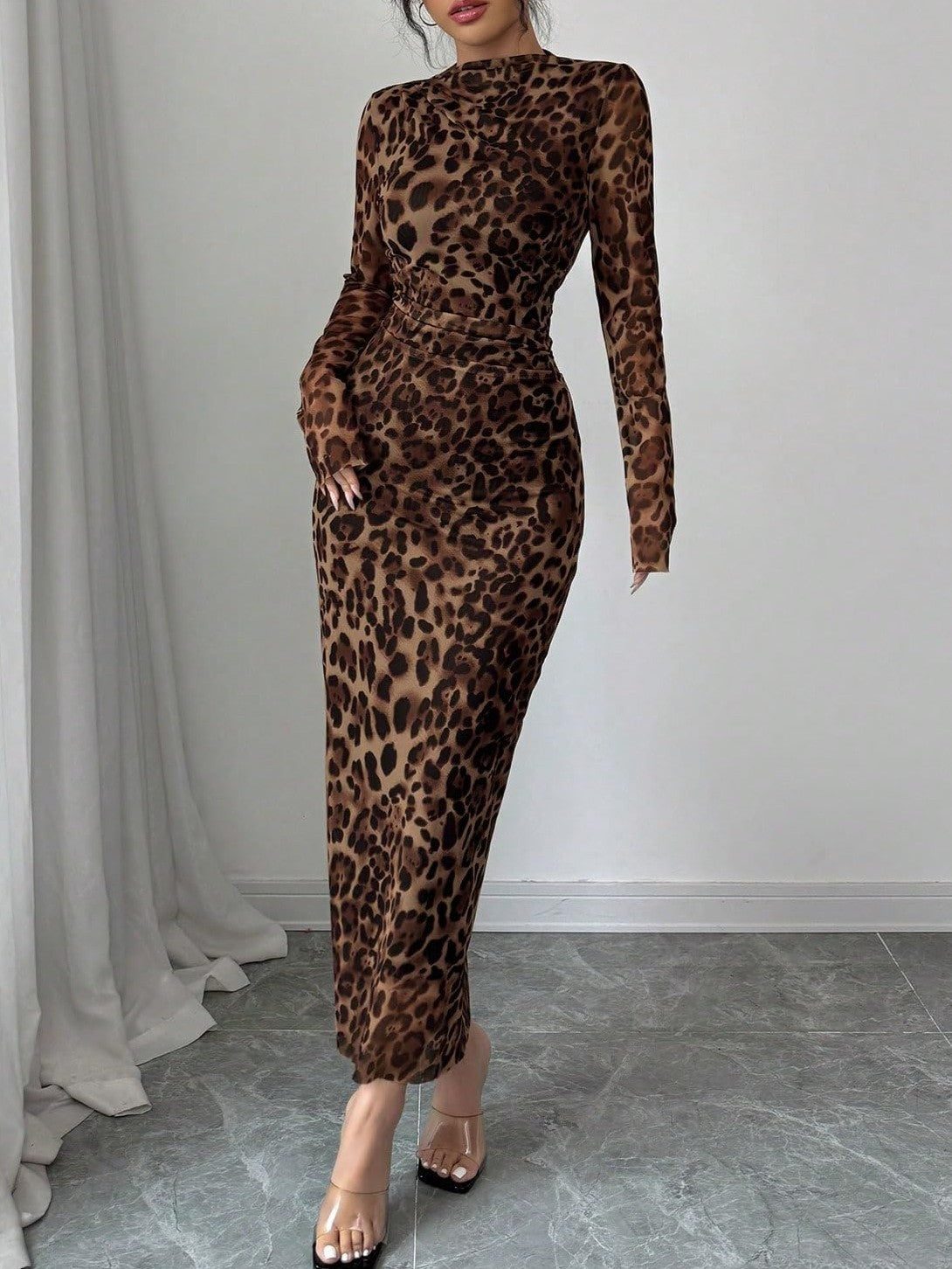 Leopard Print Dress With Long Sleeves And Pleats