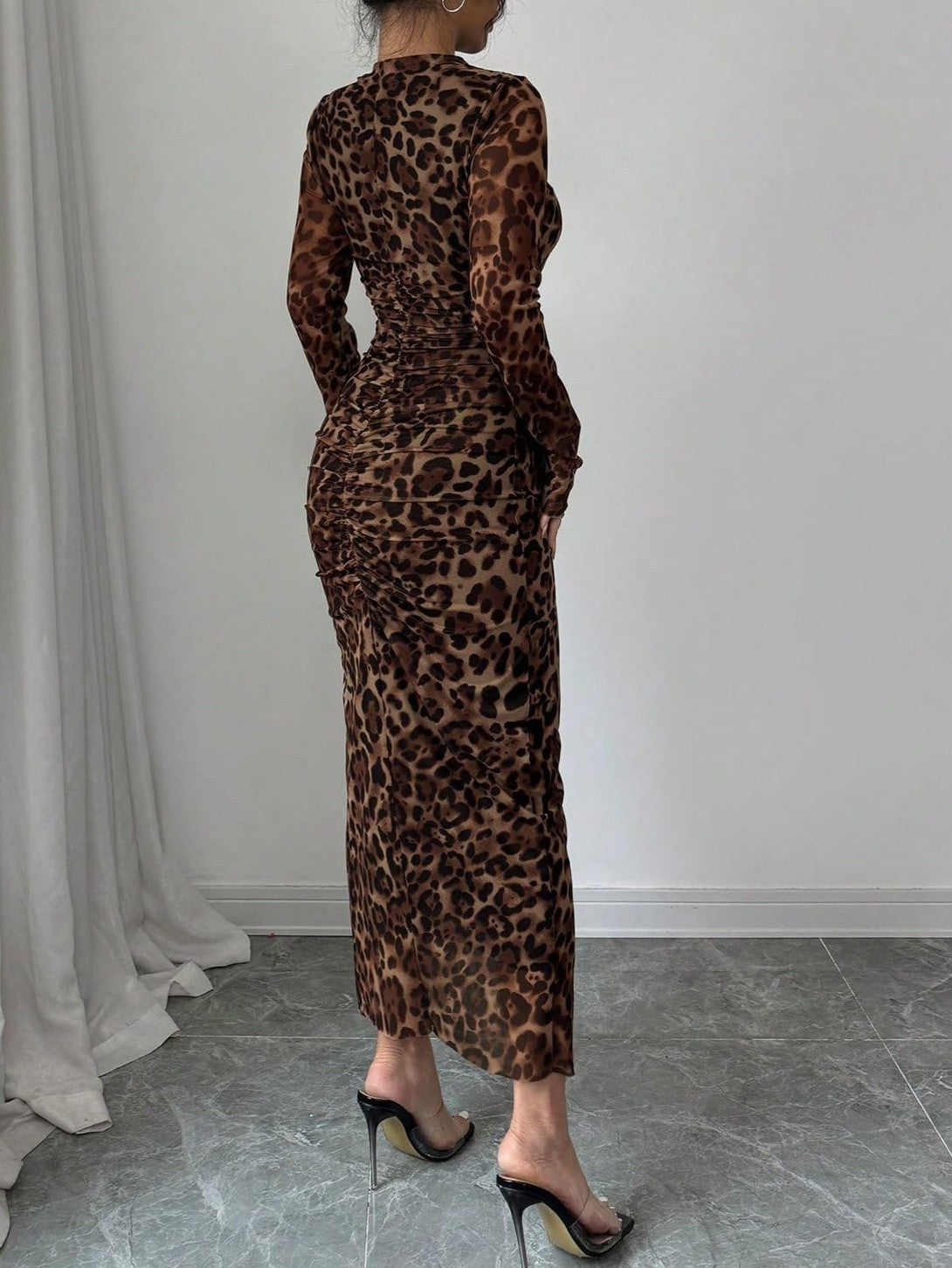 Leopard Print Dress With Long Sleeves And Pleats